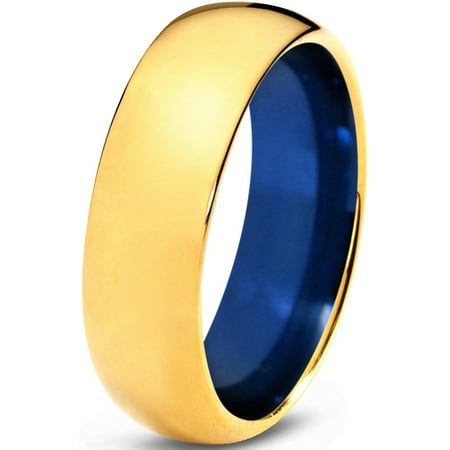 - Tungsten Wedding Band Ring 8mm for Men Women Blue 18k Yellow Gold Plated Domed Polished Lifetime Guarantee