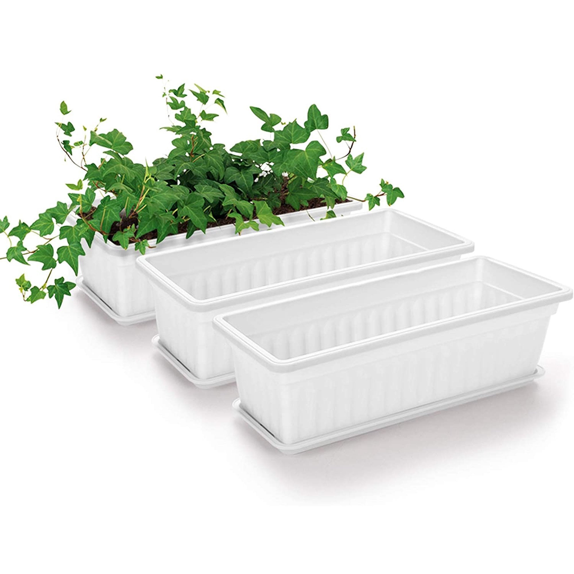3 Pack Rectangle Planters for Indoor Large Vegetable Flower Herb Window Boxes, Plastic Growing Pots with Tray for House Windowsill Balcony Garden, White - Walmart.com