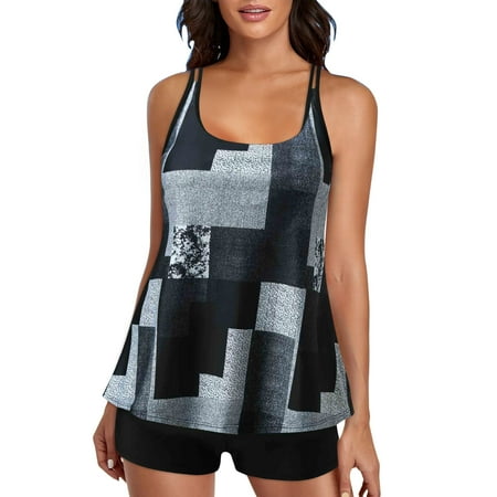Plus Size Double Straps Sky Blue Geometric Print Top Swimsuits For Women Two Piece Bathing Suits Long Torso Tank Tops With Boyshorts Short Sleeve Swimsuit Women Bikini