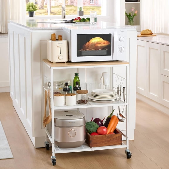 3 Tier Rolling Microwave Cart with Storage in White