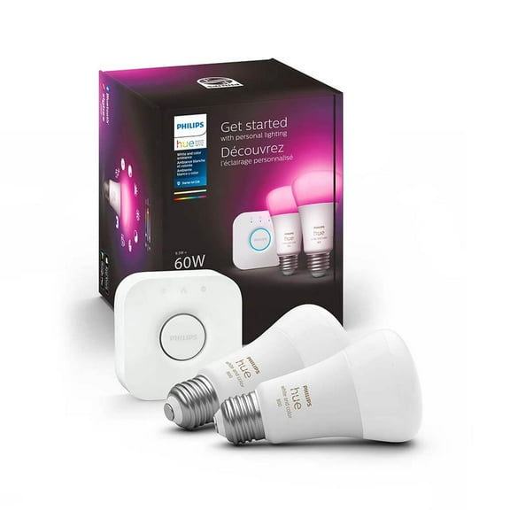 Philips Hue A19 Bluetooth 60 Watt Lightbulb Smart LED Starter Kit - White and Color Ambiance, Multicolored