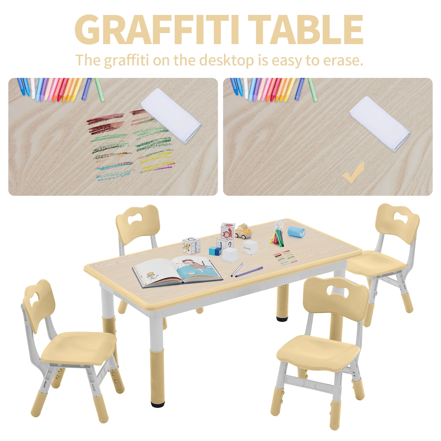 DOREROOM Toddler Table and Chairs Set for 4, 47.2''L x 23.6''W Kids Study Table and Chair Set, Height-Adjustable, Graffiti Desktop, Children Activity Table for Daycare, Classroom, Home