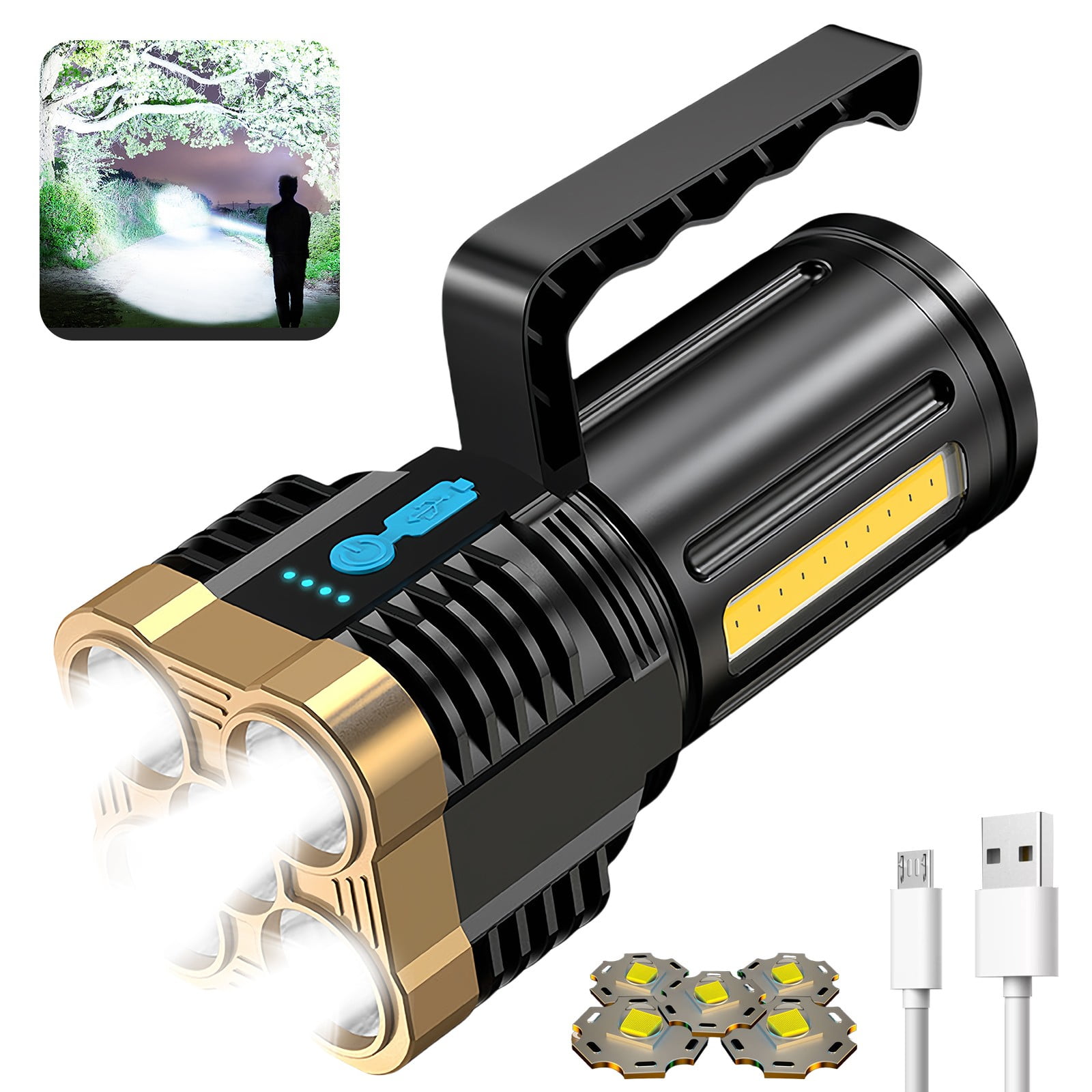 Super Bright LED Spotlight Rechargeable Flashlight Super Bright Torch Searchlight Handheld Portable LED Spotlight USB Rechargeable Flashlight for Mining,Camping,Hiking,Fishing