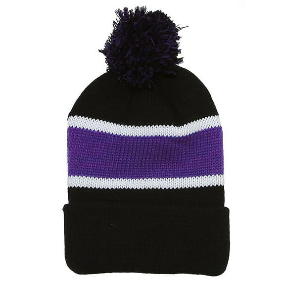 Winter Striped Beanie with Pom - Black/Purple