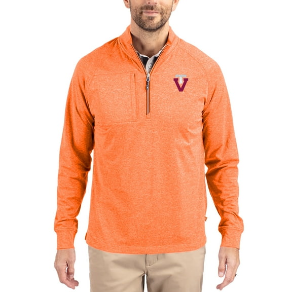 Women's-Cutter & Buck  Heather Orange Virginia Tech Hokies Adapt Eco Knit Stretch Recycled DryTec Raglan Quarter-Zip