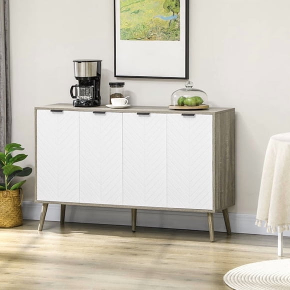 White Grayish Brown Kitchen Storage Cabinet, Chevron Embossed Sideboard Buffet with Adjustable Shelves, Particleboard Cabinet with Pine Wood Legs