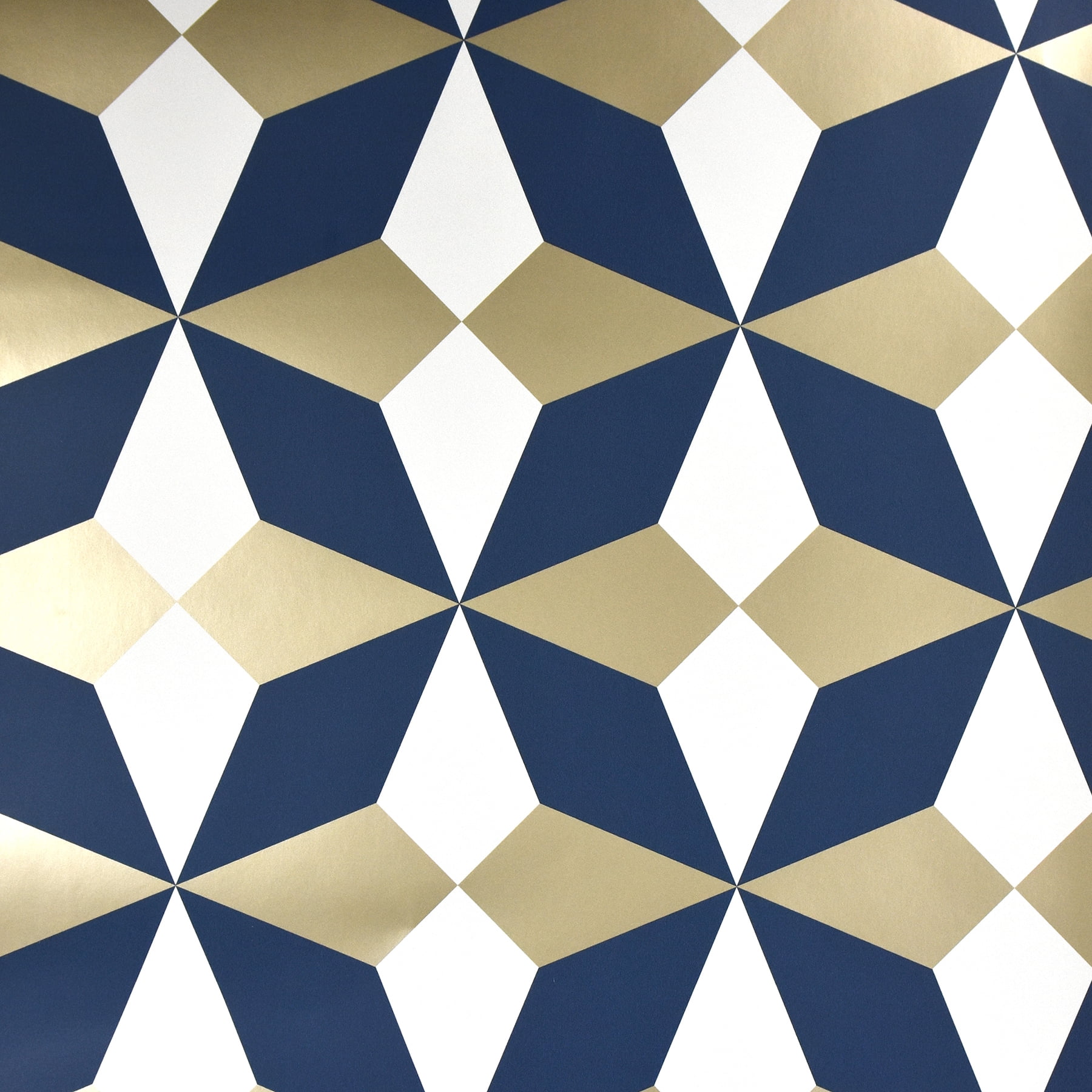 Wallpaper Modern Retro Diamond Geometric Trellis Navy Blue Gold on Off White 