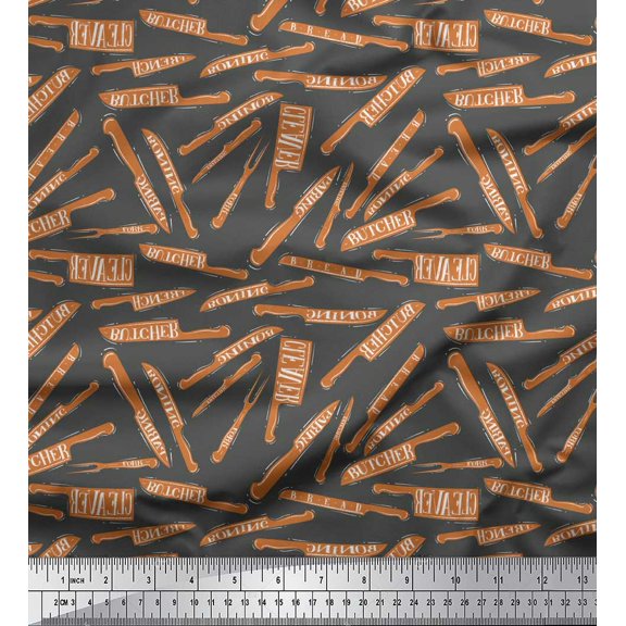 Soimoi Gray Cotton Duck Fabric Text & Knife Kitchen Fabric Prints By Yard 56 Inch Wide