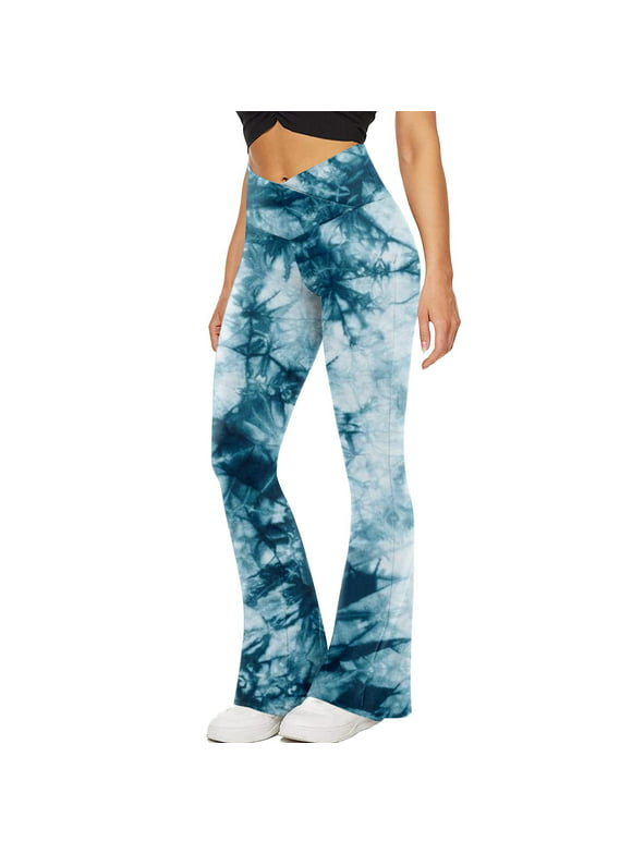SELONE Flare Pants for Women High Waist Flared Casual Printed Yoga Stretch Leggings Fitness Running Gym Sports Full Length Active Pants for Everyday Wear Running Work Casual Event Blue L