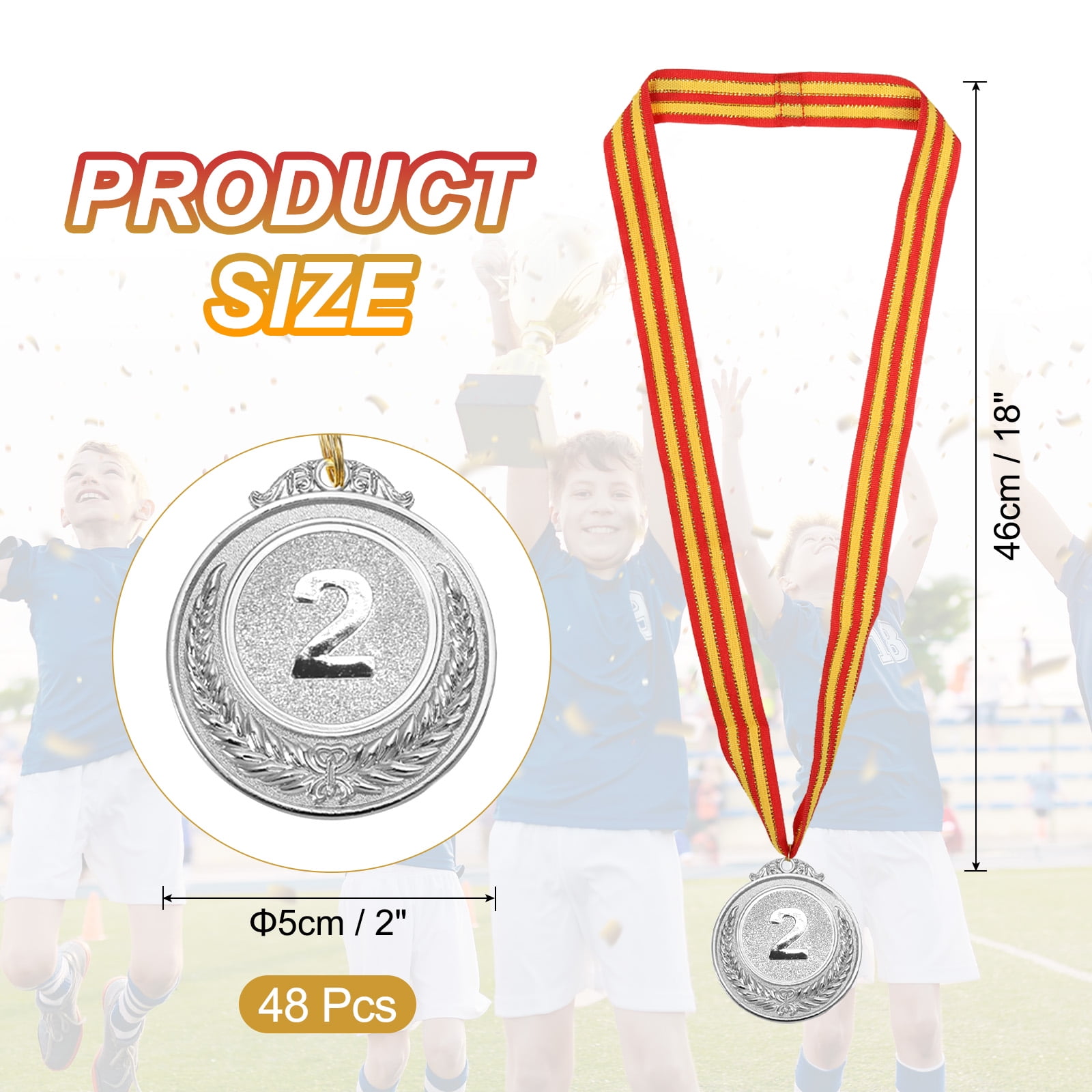 Uxcell 2 Inch Silver Prizes Award Medals Metal Winner Medals 2ed Place with Neck Ribbon for Sports Competitions 48 Pieces