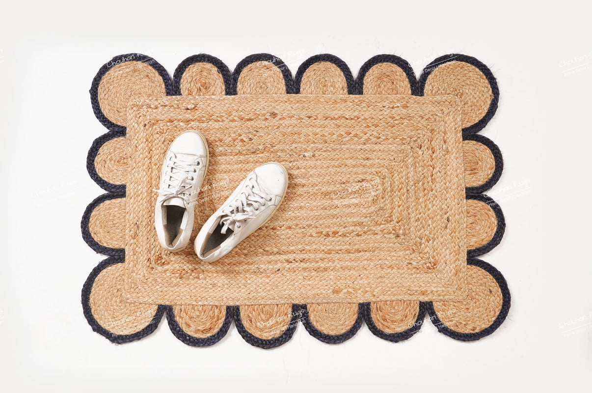 Rectangle Rug Natural Jute Rug Hand Braided Beige and Navy Blue Color Area Rug