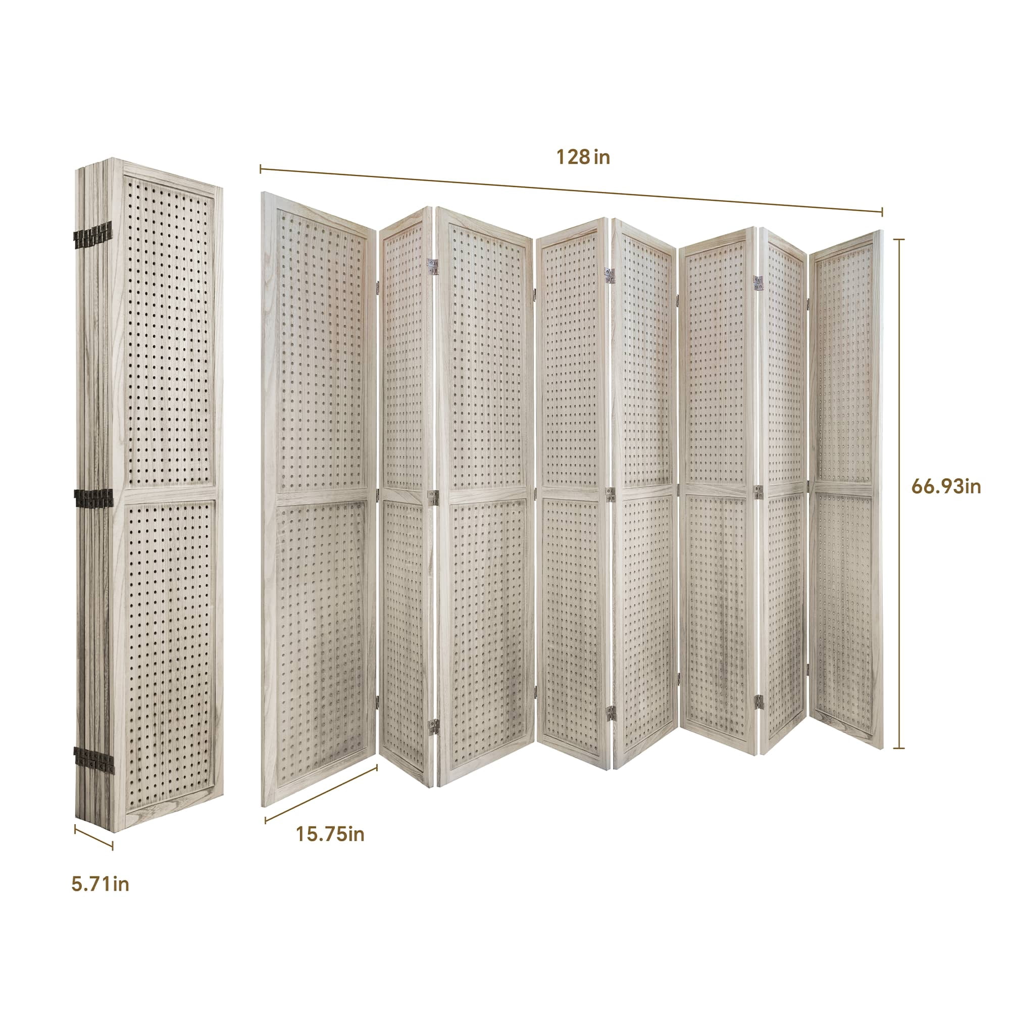 MAYEERTY 8 Panel Room Divider, 5.6Ft Wooden Freestanding Privacy Screen with Shelves, Natural Wood