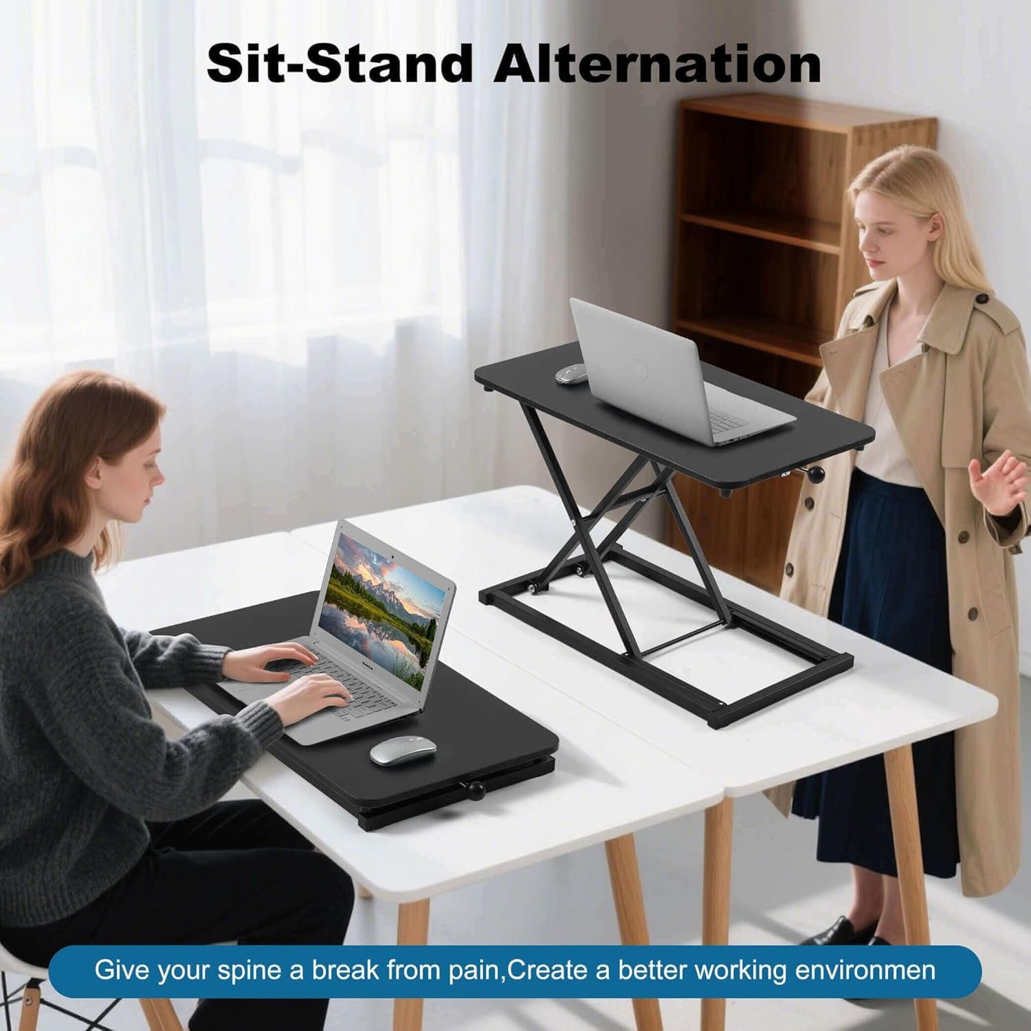 Height Adjustable Standing Desk Converter, Ergonomic Sit Stand Desk Riser with X-Lift Structure, 23.6 x 13.3 Inch Portable Desktop Workstation, Keyboard Stand for Laptop Monitor, Black