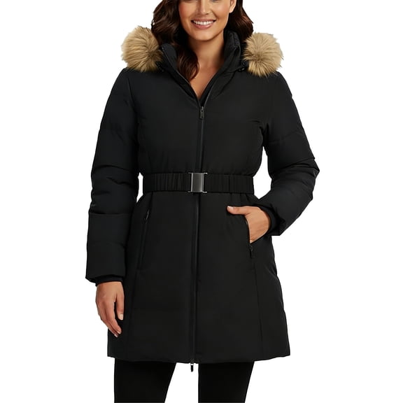 JGGSPWM Women's Winter Long Puffer Coat Parka Jacket with Faux Furry Removable Hood Black M