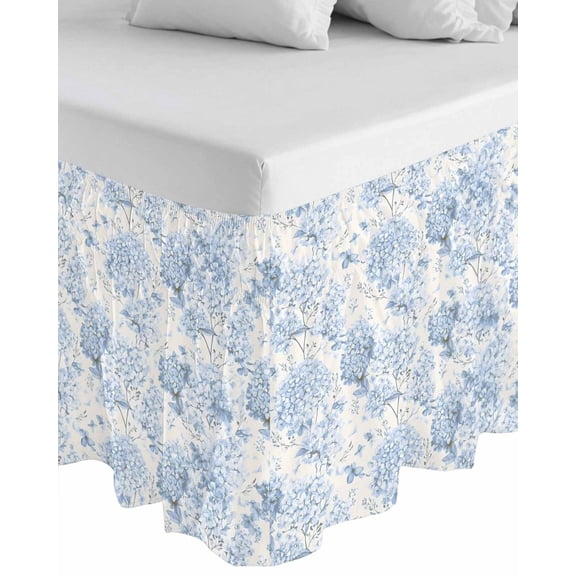 Blue Floral Wrap Around Bed Skirts for King Bed 18" Drop,Bed Skirt with Adjustable Elastic Belt Dust Ruffle Bed Valance for Bedroom Hotel Garden Petals Flower Botanical Tree Branch Bed Frame Cover