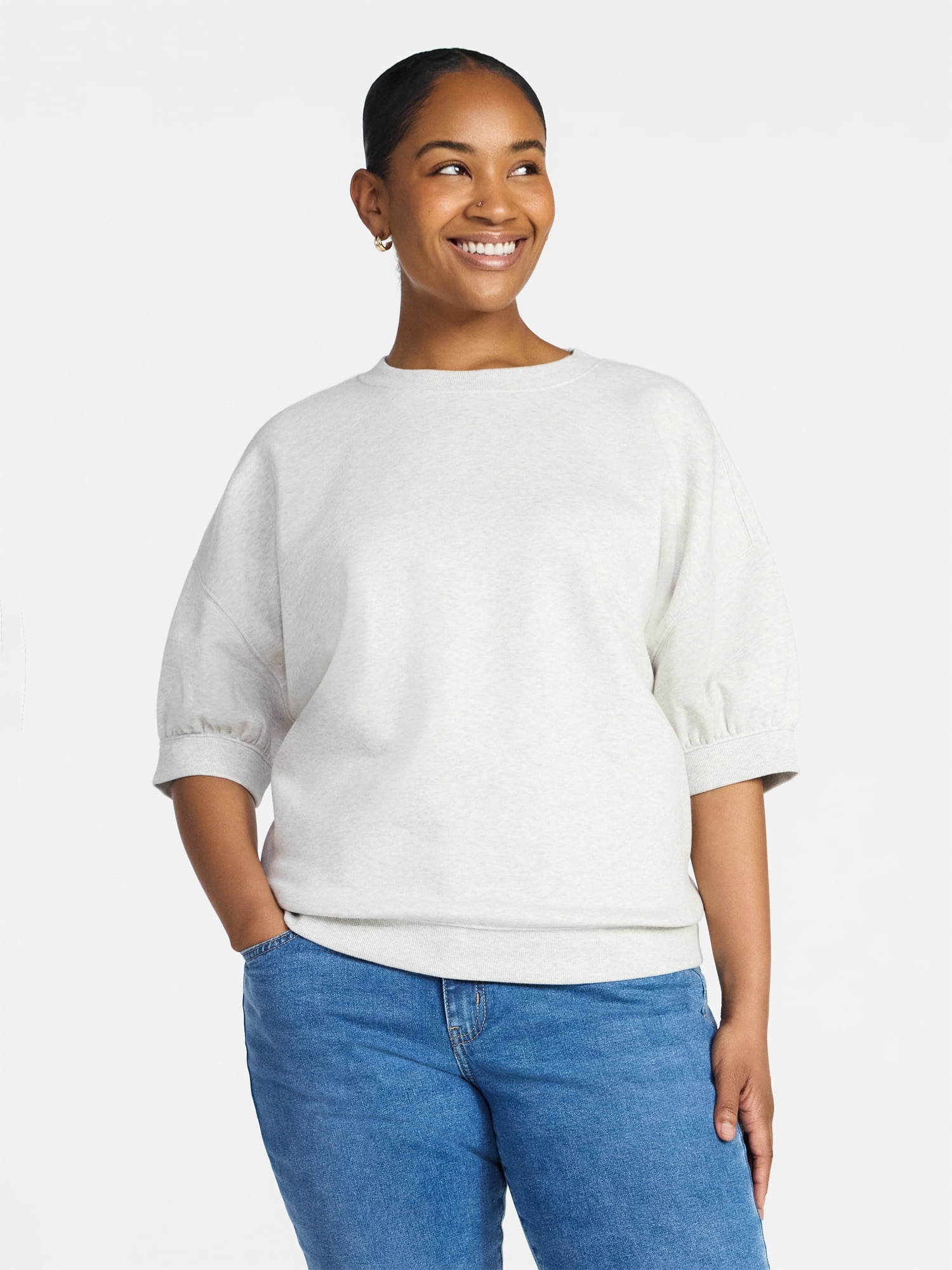 Time and Tru Women's Fleece Sweatshirt with Short Puff Sleeves, Sizes XS-XXXL