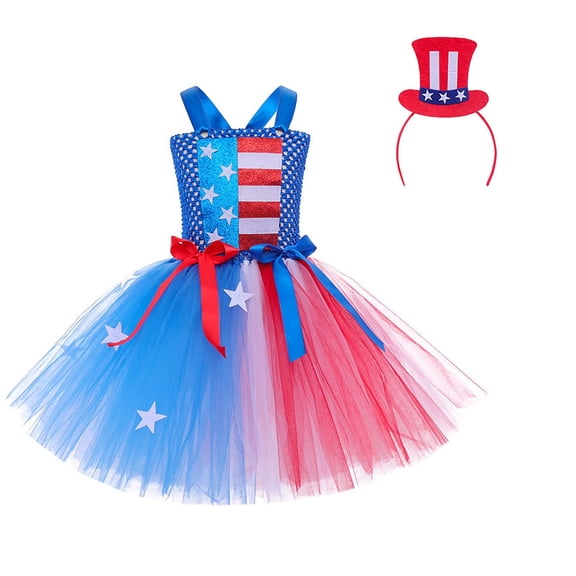 MEZZALL Kids Patriotic Girls Tutu Dress Sleeveless For 4th Of July Celebration Childrens Party Performance Outfit With Star Spangled Banner Themed Layered Skirt Versatile Skirts