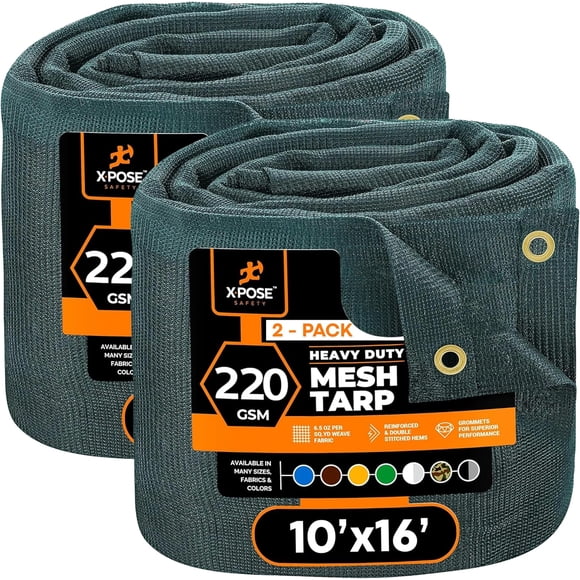 Xpose Safety Heavy Duty Green Mesh Tarp 10' x 16' (2-Pack) – 70% Sunblock Shade Cloth with Grommets for Garden, Fence, Privacy Screen, Canopies, Dump Trucks, Pool Cover – Tear & Weather Resistant
