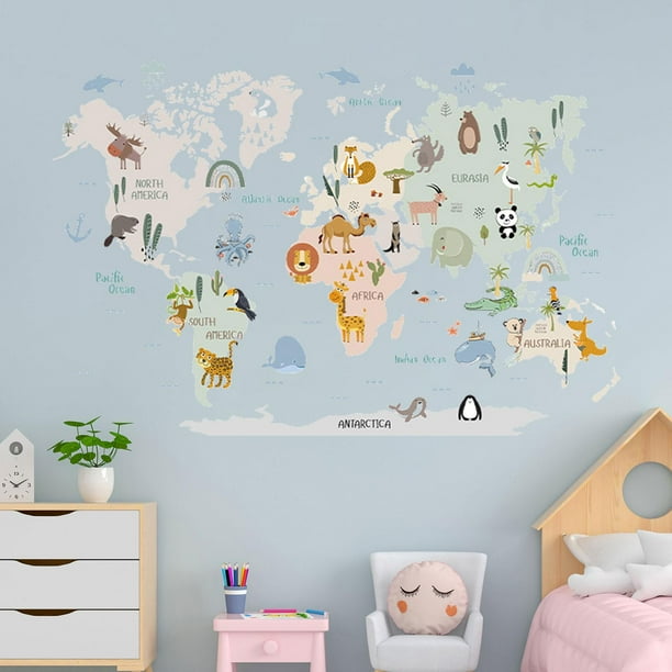 Pegatinas de pared con mapa de animales, murales de pared para niños, arte de pared educativo de dibujos animados, decoración de pared de an