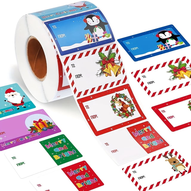 Christmas Gift Tags Stickers Roll, 250 Cartoon Themed Labels, Self-Adhesive Paper Tags with Glossy Finish, Single Use, Rectangle Shape, English Wording for Holiday Presents and Packages