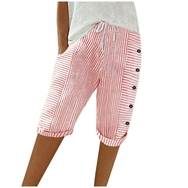 Womens Summer Woven Striped Patchwork Button Loose Cotton Linen Casual Capris