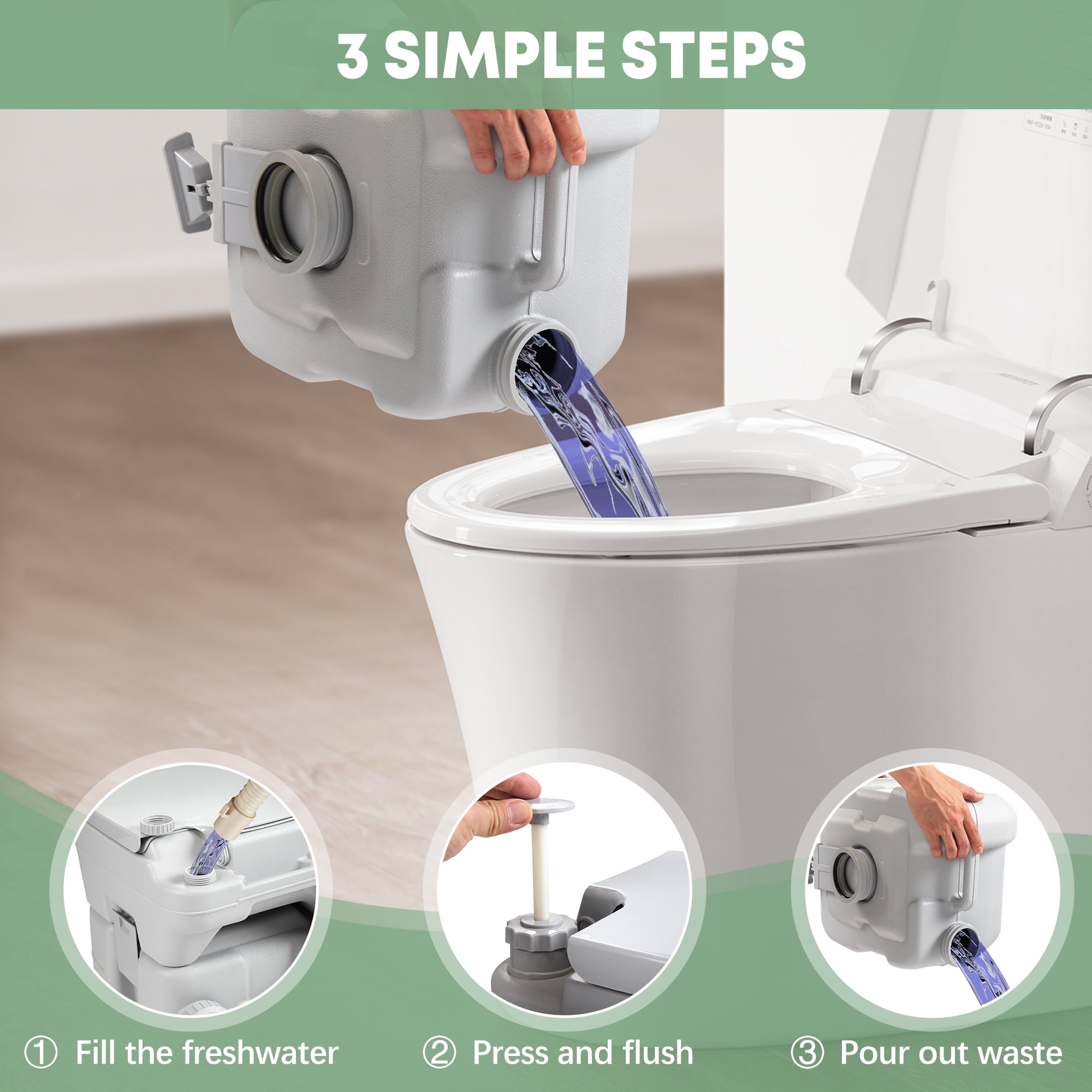 JAXPETY Portable Push-rod Toilet, 20L/5.28 Gallon Outdoor Commode with Detachable Tank for Camping, Boating, Hiking and Traveling, Cold Gray