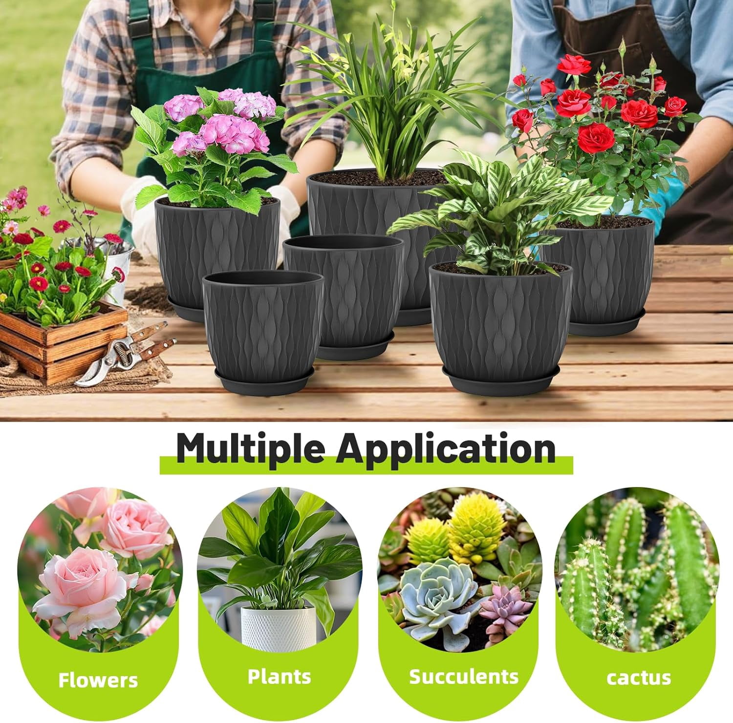 Set of 5 Plastic Plant Pots, 10 9 8 7.5 7 Inch Flower Planters with Drainage & Saucers, Black