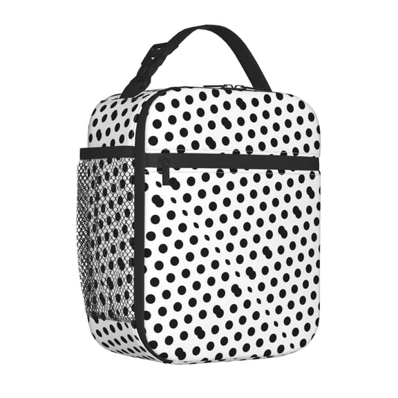 Black Polka Dot Pattern Insulated Lunch Bag for Men Women Reusable Compact Cooler Tote Lunchbox