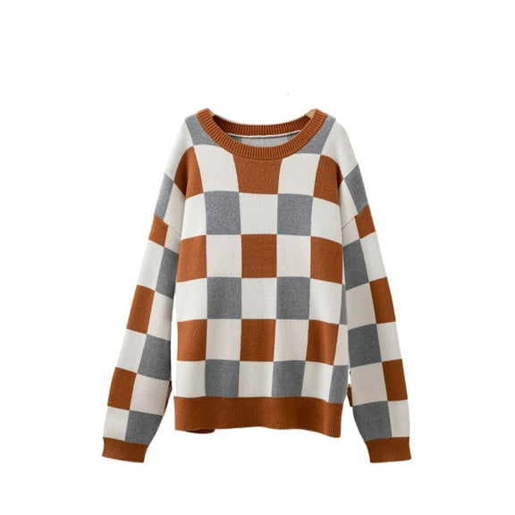 Plus Size Brown Checkered Crewneck Sweater for Women - Casual Style - [ZhiHiMeRi] | 1X