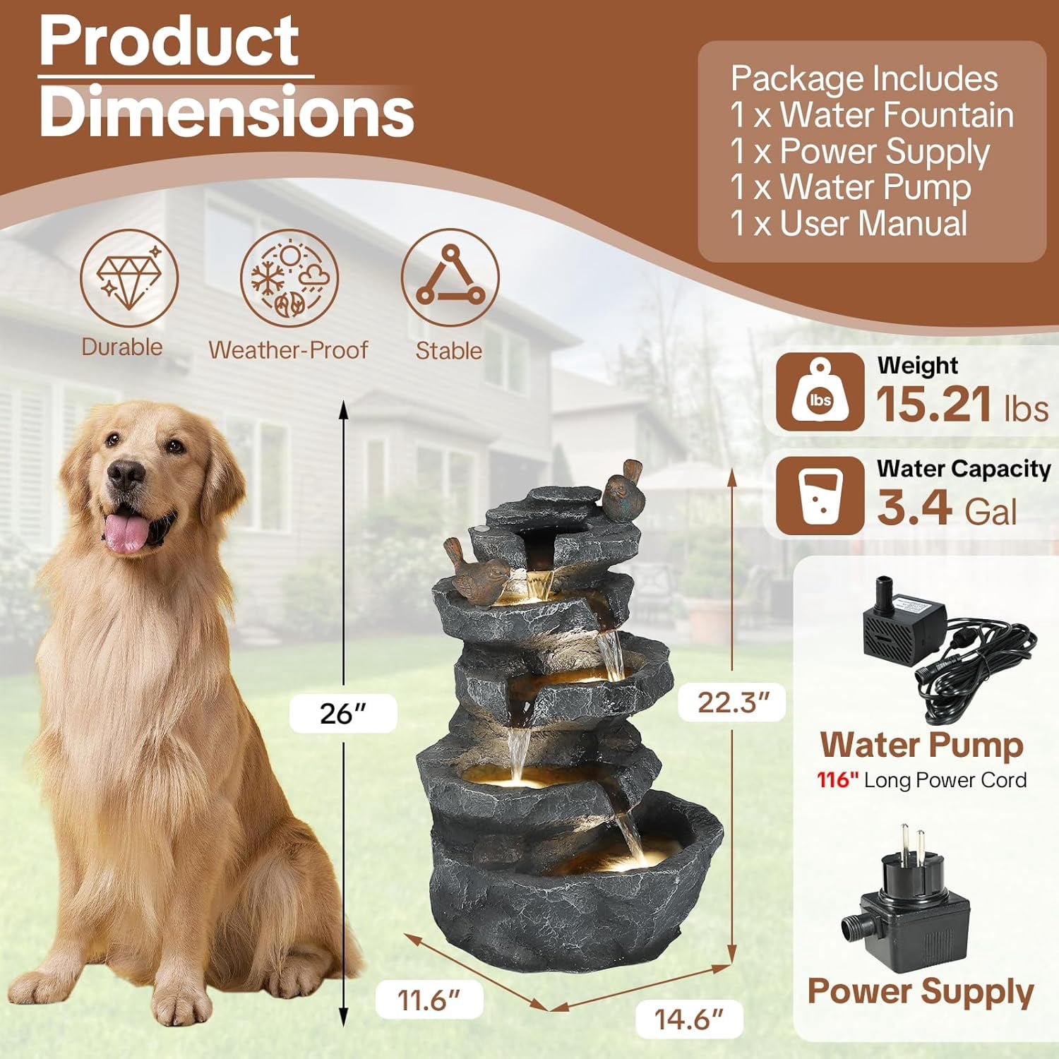 HOMEDIARY Outdoor Water Fountain, 22.3" H 5-Tier Cascading Waterfall Fountain with LED Lights & Adjustable Pump, Decorative Birds Water Feature with Natural Rock Finish for Patio, Backyard & Deck