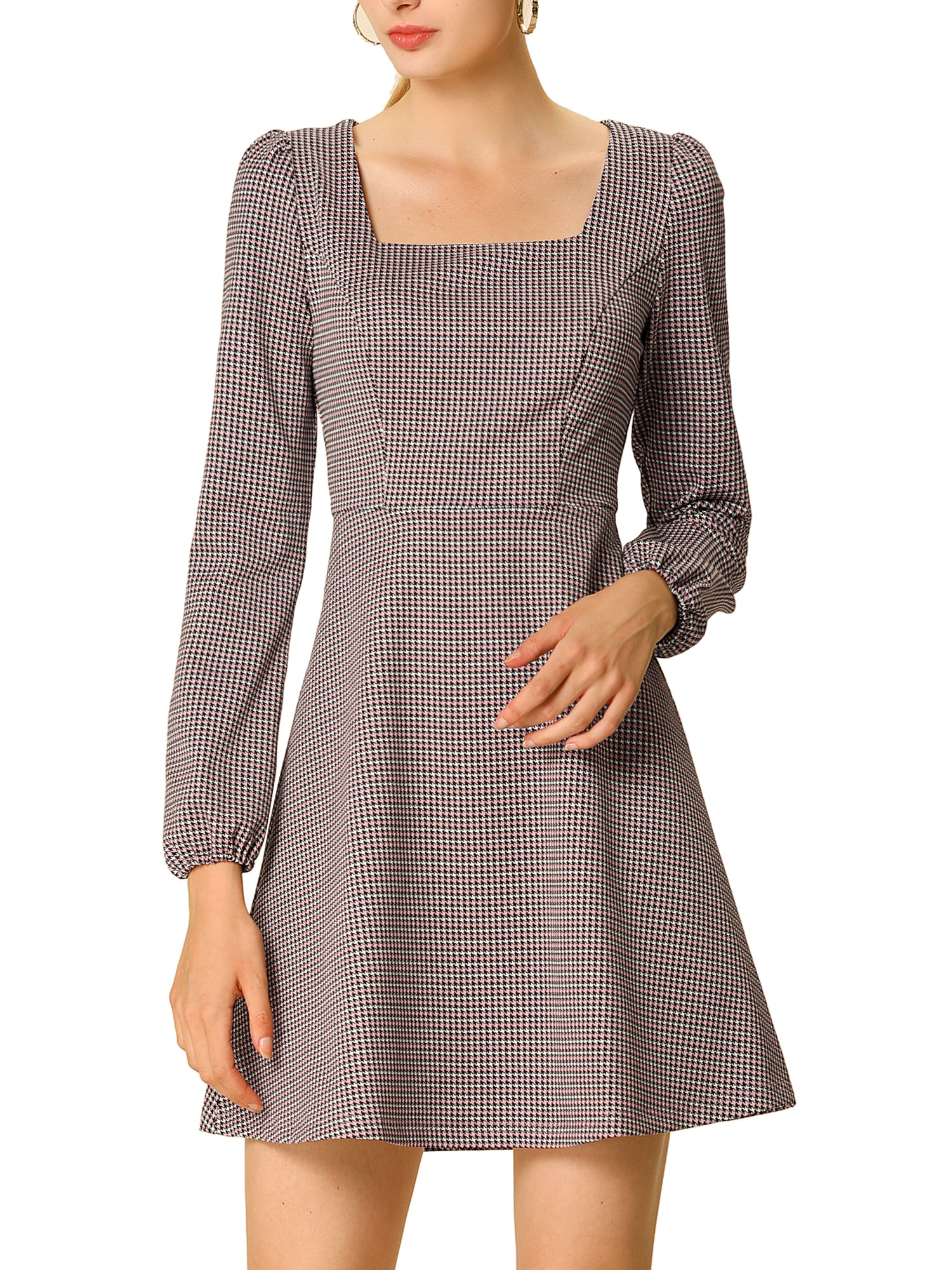 Allegra K Women's Fall Square Neck Vintage Mini Plaids Dress - image 3 of 7