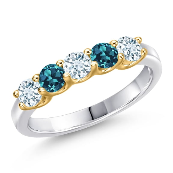 Gem Stone King 925 Silver and 10K Yellow Gold Sky Blue Aquamarine and London Blue Topaz Wedding-Bands Ring for Women | 0.95 Cttw | Round 3.5MM | Gemstone March Birthstone | Size 6