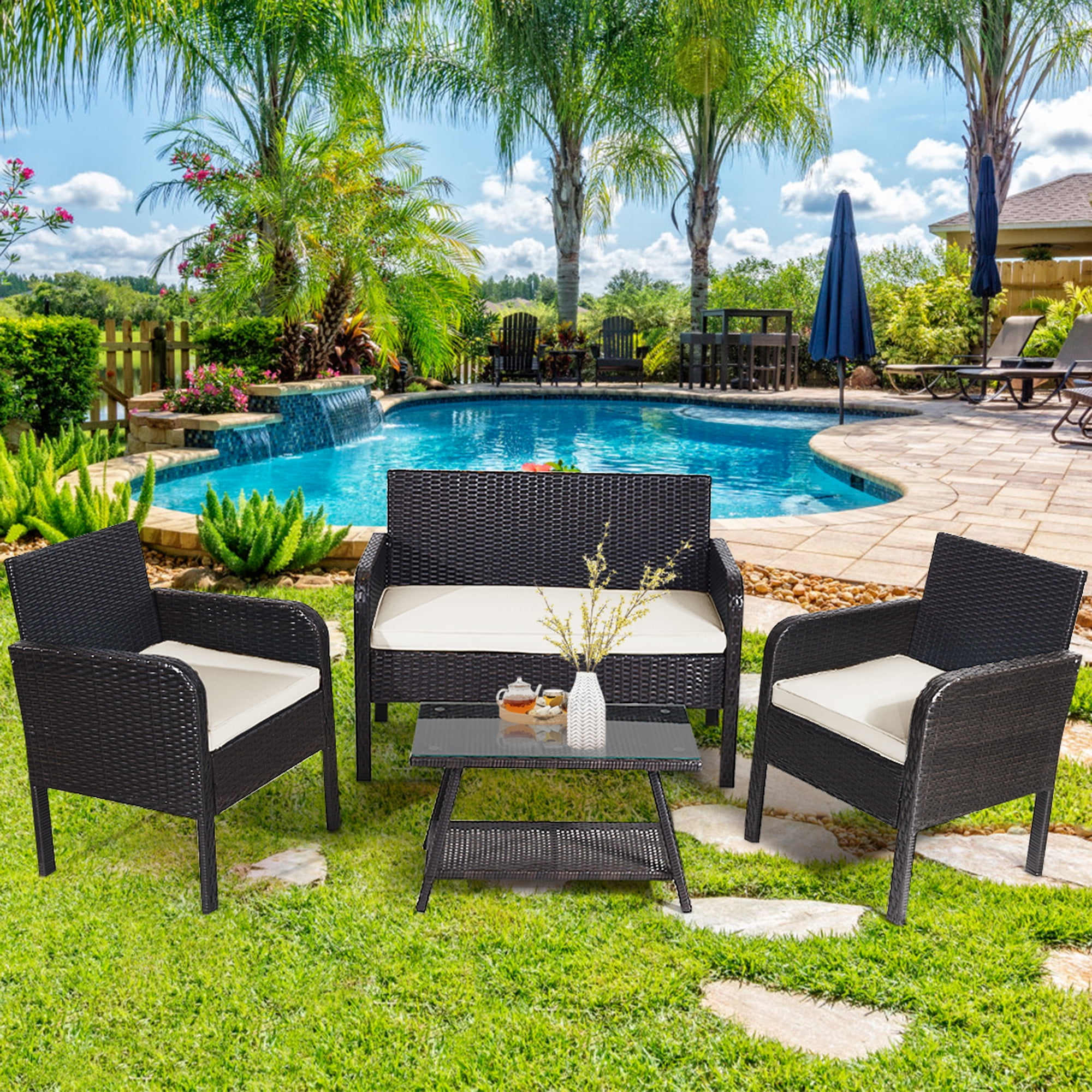 Gymax 4PCS Outdoor Rattan Furniture Set Patio Conversation Set w/ White