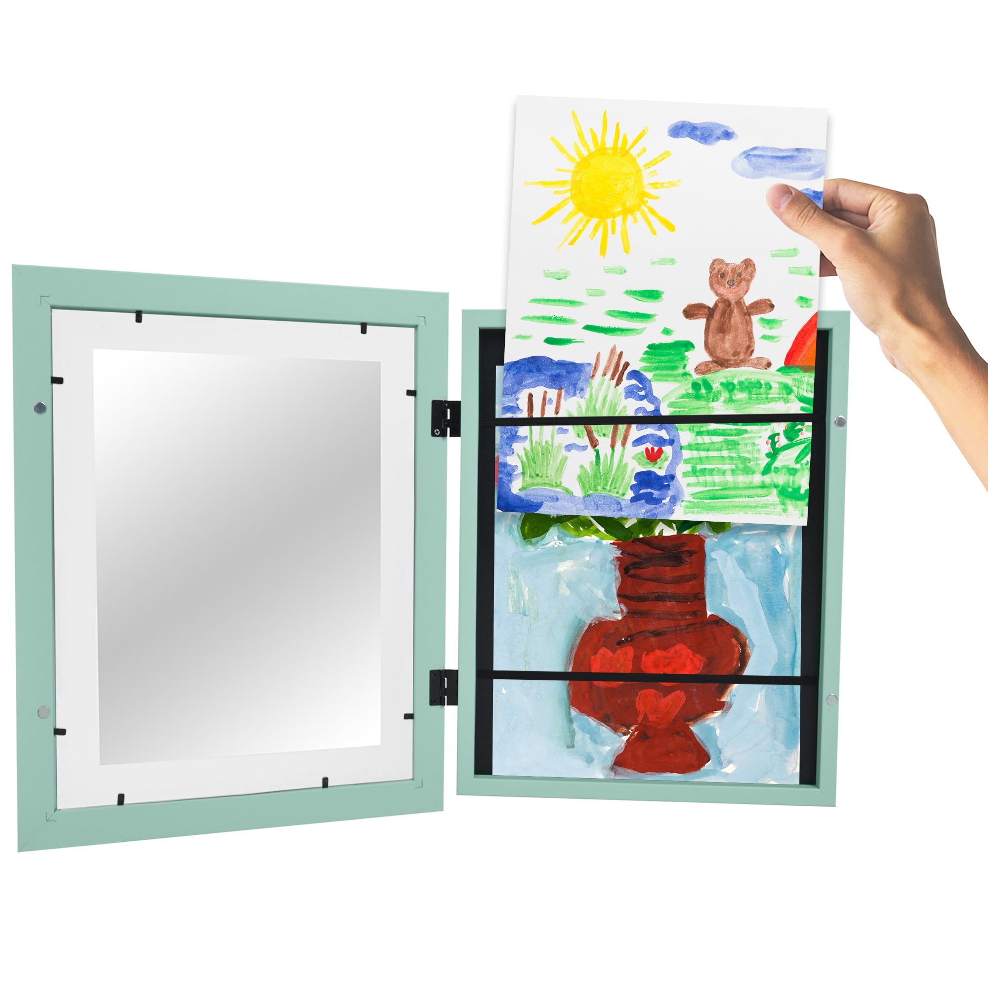 Americanflat 10x12.5 Kids Art Frame with 8.5x11 Mat Holds 100 Art Pieces Magnetic Letter Size Mini - Seafoam Green