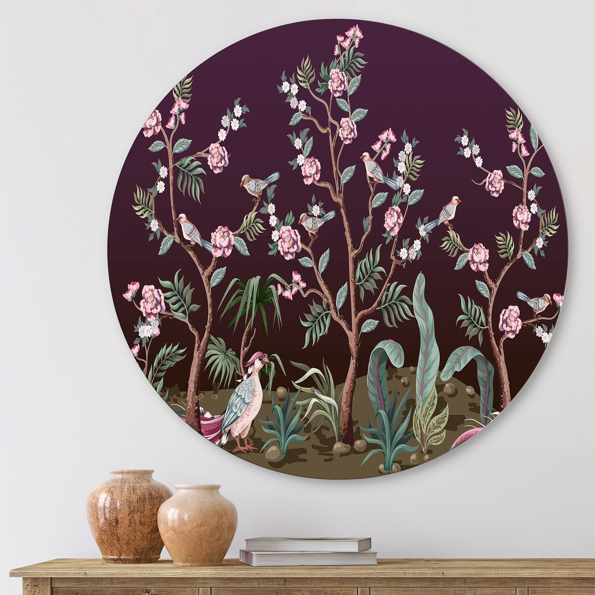 Designart 'Chinoiserie With Peonies and Birds I' Traditional Circle Metal Wall Art 23x23 - Disc of 23