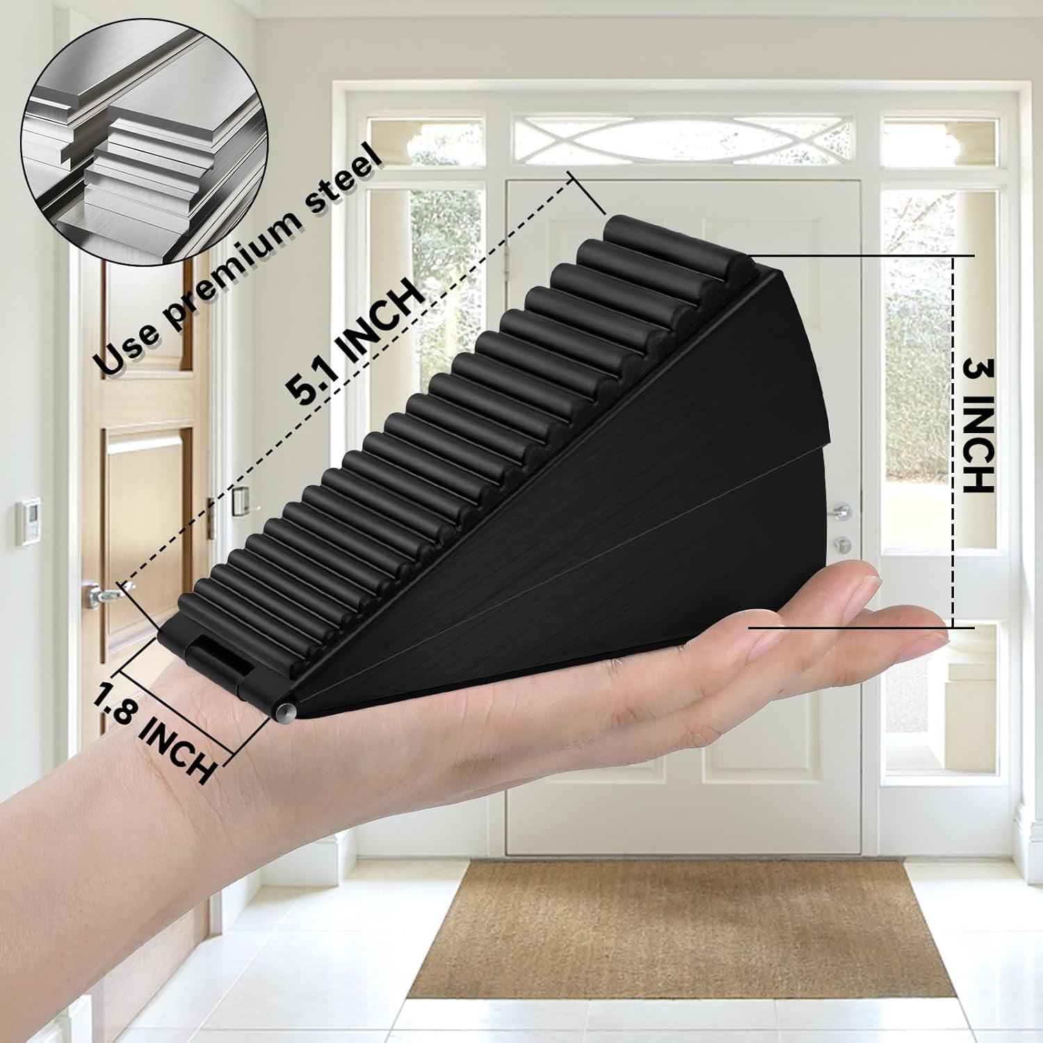 JJEAN-Heavy Duty Door Stopper, 2Pcs Wedge Door Stops, 3 Inch High Strongest Doorstop, Stainless Steel Spring Loaded Stopper Suits Any Heavy Doors