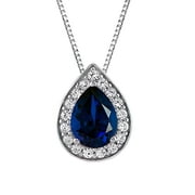 Pendant Necklace w Chain Halo Pear Drop Tear Shape Sterling Silver 1ct 1cm Tall Created Blue & White Sapphire Gem Best Girl Friend Wife Valentine Gift Her Birthstone Birthday Present Mom Women Jewelry