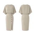thumbnail image 5 of Women's Summer Two Piece Outfits Round Neck Batwing Sleeve Top High Waist Midi Skirts Button Summer Office Business Outfit Matching Sets for Women Khaki S, 5 of 7