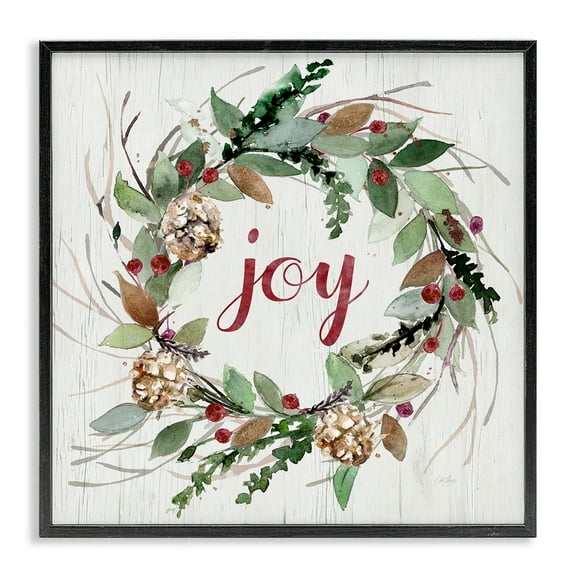 Stupell Industries Joy Seasonal Wreath Botanical & Floral Painting Black Framed Art Prints Wall Art, 12 x 12