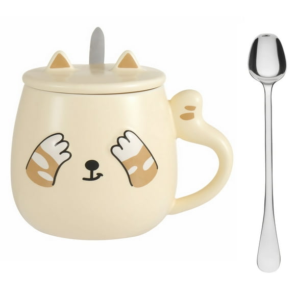 Taza para café Kawaii Gato con Tapa y Cuchara HappyWare beige 400 ml