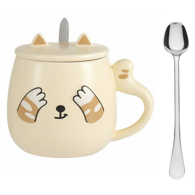 Taza para café Kawaii Gato con Tapa y Cuchara HappyWare beige 400 ml