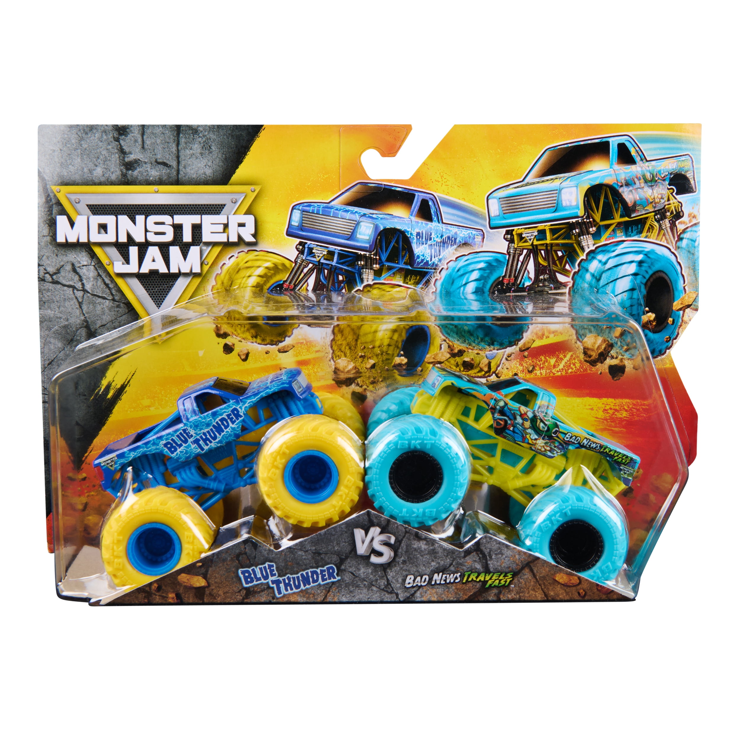 Monster Jam, Blue Thunder Vs. Bad News Travels Fast Die-Cast Monster Trucks, 1:64 Scale, Kids Toys for Boys Ages 3 and up