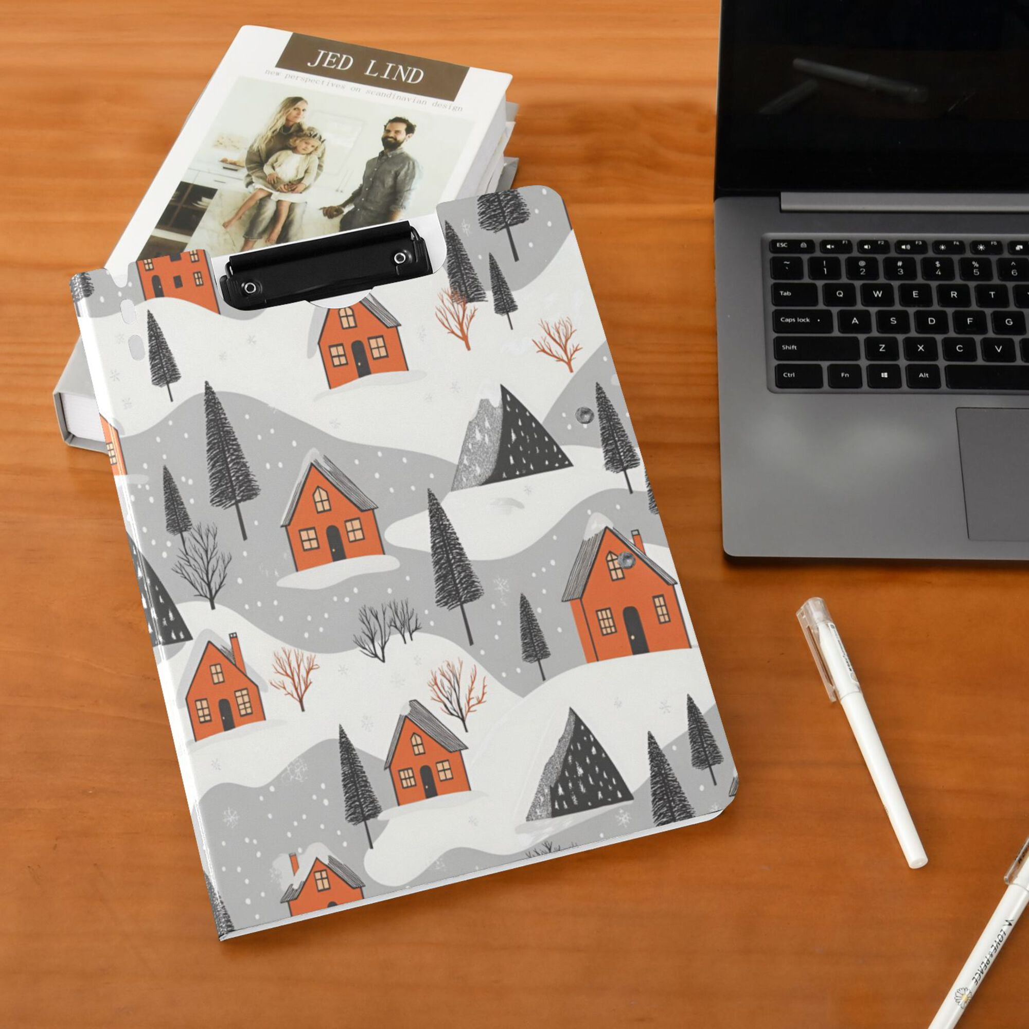 FORMRS A4 Clipboard Folder with Pen Holder Horizontal Foldable School Office Binder, Orange Cartoon Houses