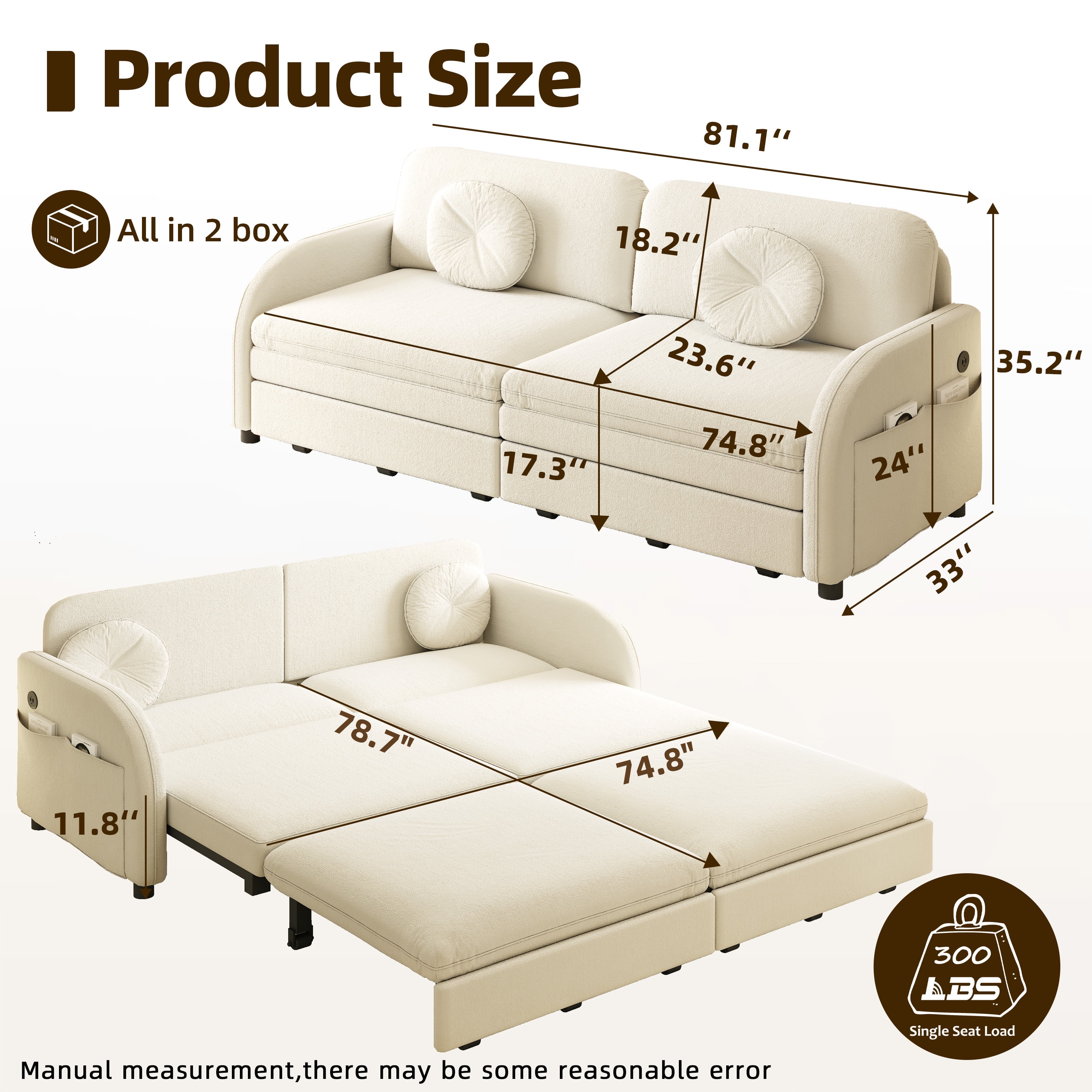 LLappuil Pull Out Sofa Bed King Size, Loveseat Sofa Covertible Sofa Bed, Chenille Sofa Couch with USB Port, Side Pocket for Living Room Beige