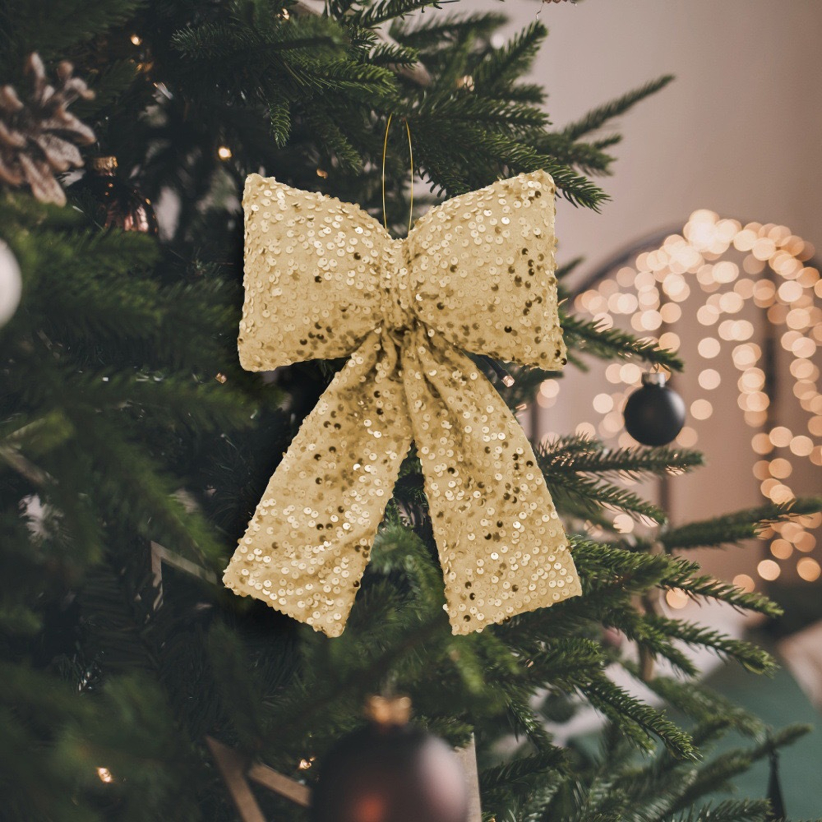 DIYMAG 12 Pcs Christmas Tree Bow Decoration Glitter Bows Christmas Bow, Sequine Bows for Christmas Party Decoration (Gold)