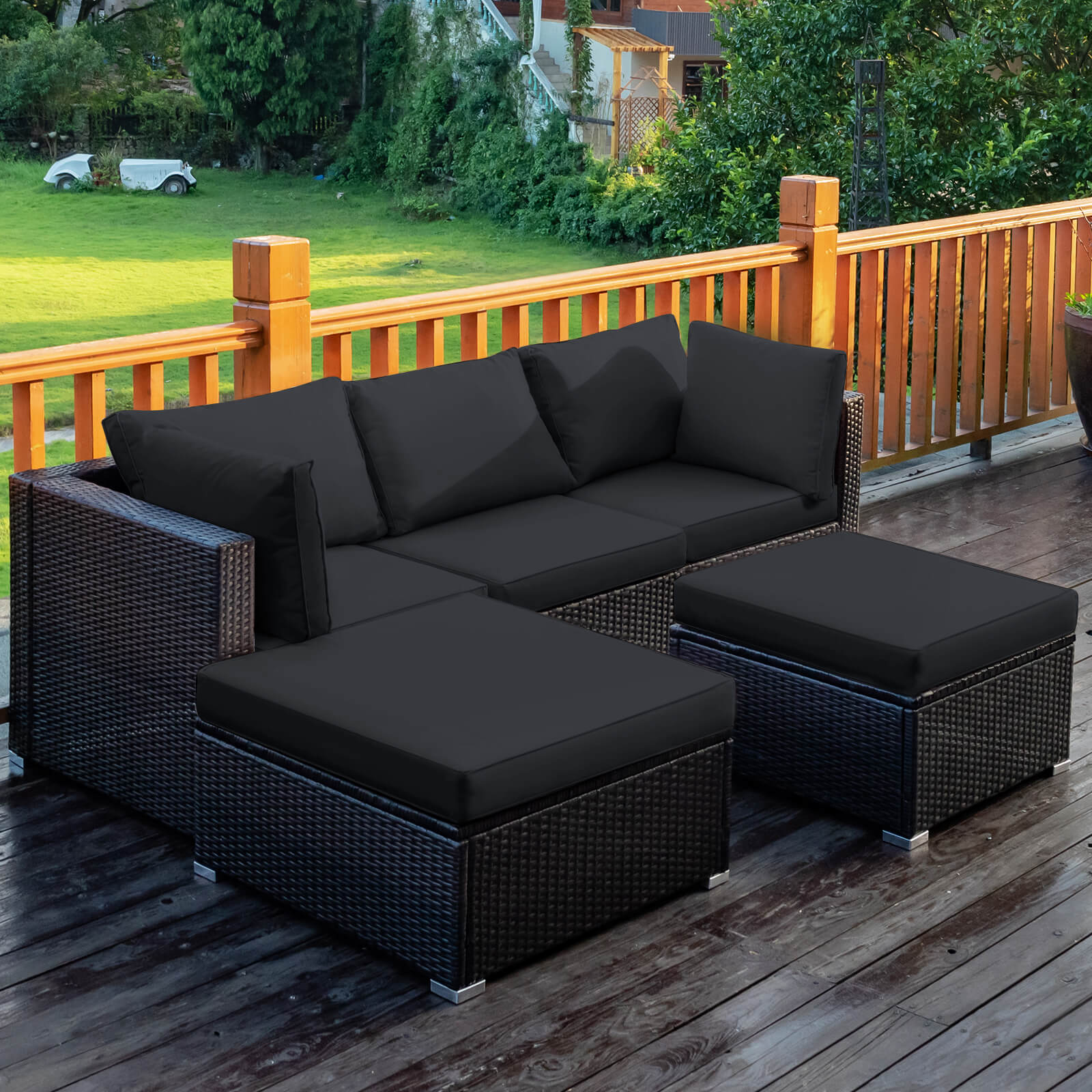 Costway 5PCS Outdoor Patio Rattan Furniture Set Sectional Conversation Black Cushion