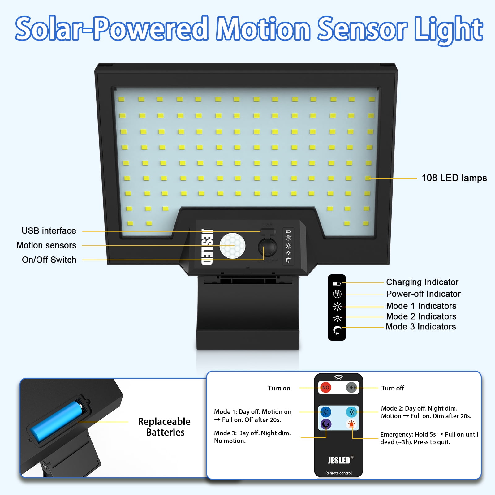 JESLED 108LEDs Solar Lights Outdoor Motion Sensor, 4 Modes Solar Lights Outdoor, Type-C Charging Solar Powered Durable Wall Lights for Patio Yard Pathway Garage, 2 Pack