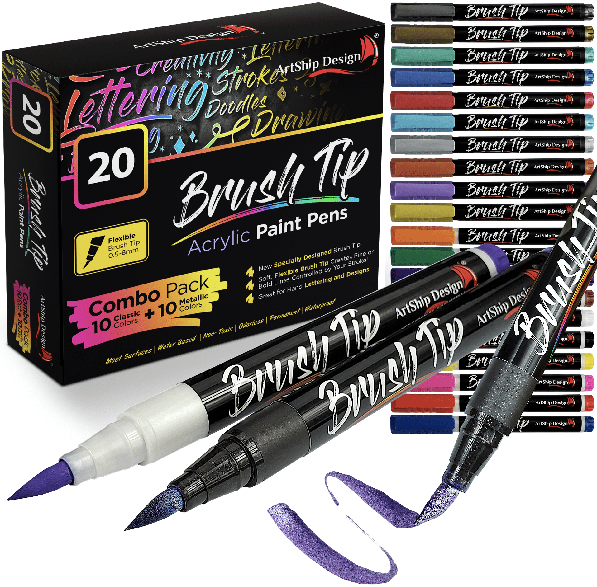 20 Brush Tip Acrylic Paint Pens, Classic and Metallic Color Double Pack, Flexible Tip Brush Paint Markers for Lettering and Creative Painting, Rocks