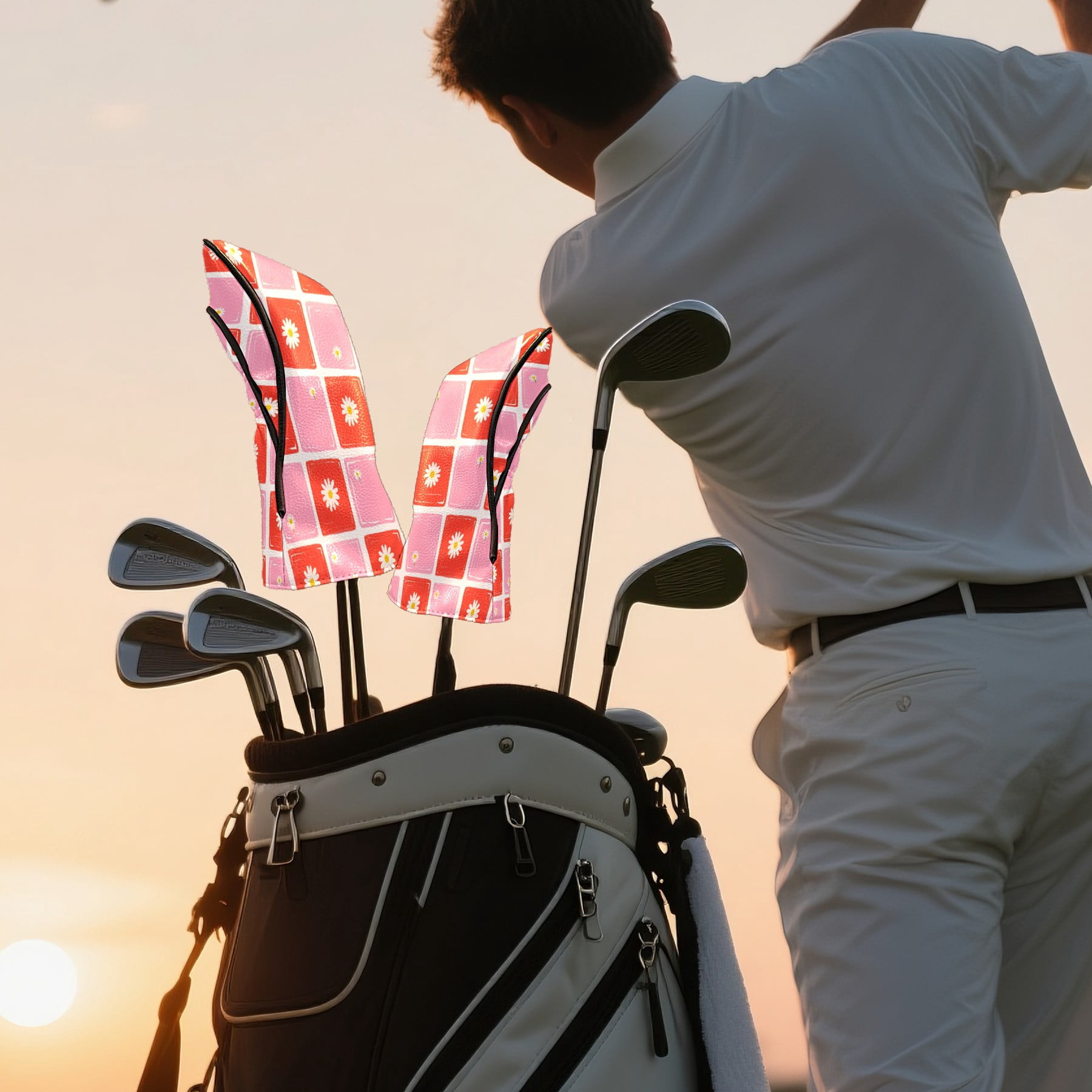 Golf Club Headcovers High Quality Waterproof Leather Golf Head Cover Set Men Women Driver Head Cover Exclusive Gift for Golf Lovers Pink Grid Flowers