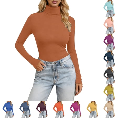 Long Sleeve High Neck Slim Fit Stretch Casual Basic Solid Color Tee Shirt Fit Mom L